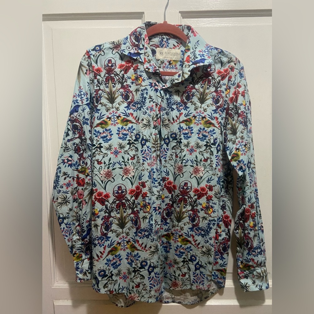 Kurt River NYC Blue Floral Birds Multicolor Men's Button Down Shirt Medium L/S